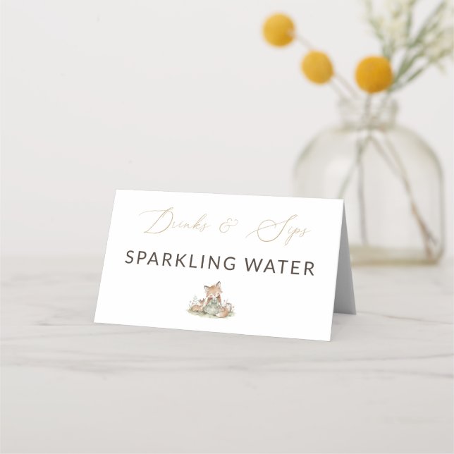 Woodland Fox Girl Sparkling Water Drink Label Place Card (Front)