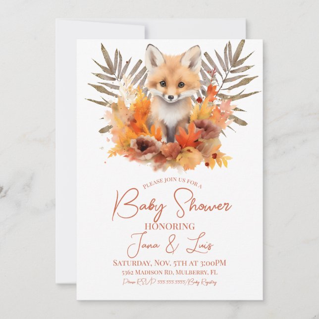 Woodland Fox Greenery Watercolor Leaf Baby Shower Invitation (Front)