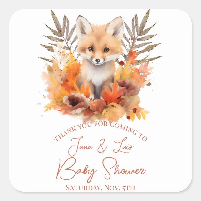 Woodland Fox Greenery Watercolor Leaf Baby Shower Square Sticker (Front)