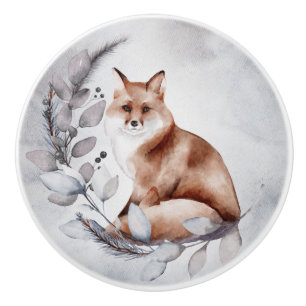 Woodland Fox Grey Leaves Winter Watercolor Ceramic Knob