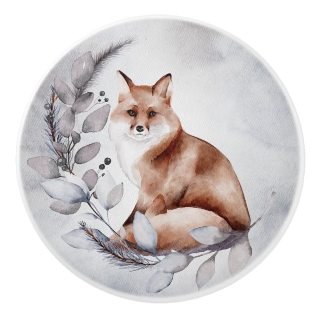 Woodland Fox Grey Leaves Winter Watercolor Ceramic Knob (Front)
