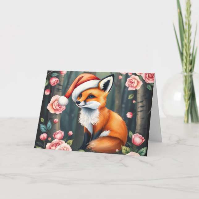 Woodland fox in Christmas hat holiday card (Front)