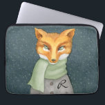 Woodland Fox in Winter with Monogram Laptop Sleeve<br><div class="desc">A unique watercolor illustration of a woodland fox in winter snowfall bundled up in a light green scarf. The grey jacket has a custom monogram that you can edit with your desired monogram.</div>