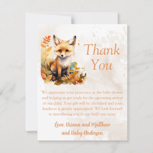 Woodland Fox mite Baby shower Carte de remerciemen (Devant)