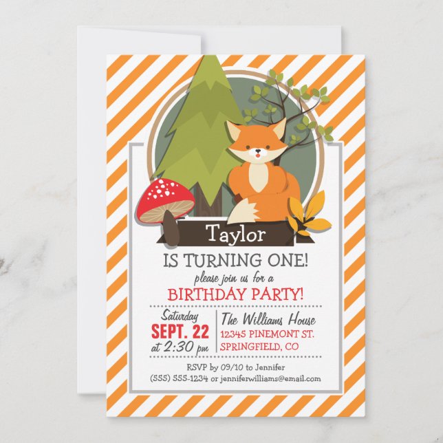 Woodland Fox; Orange and White Stripes Invitation (Front)