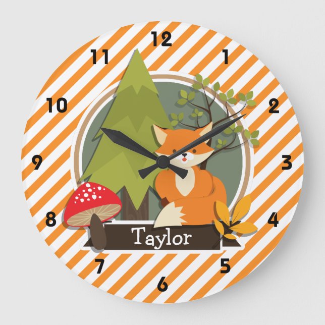 Woodland Fox; Orange and White Stripes Large Clock (Front)