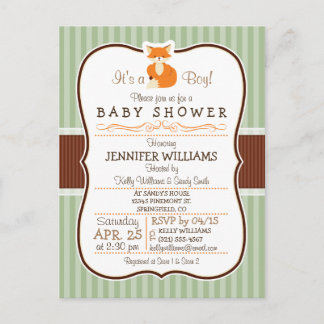 Woodland Fox; Orange, Sage, Brown Baby Shower Invitation Postcard