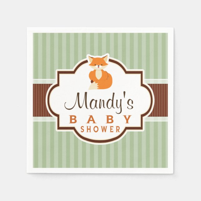 Woodland Fox; Orange, Sage, Brown Baby Shower Napkin (Front)