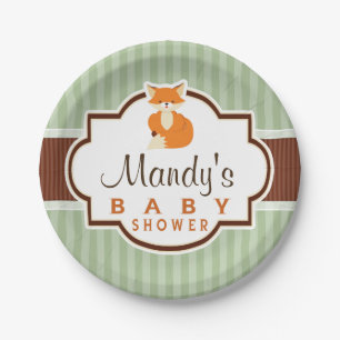 Woodland Fox; Orange, Sage, Brown Baby Shower Paper Plate