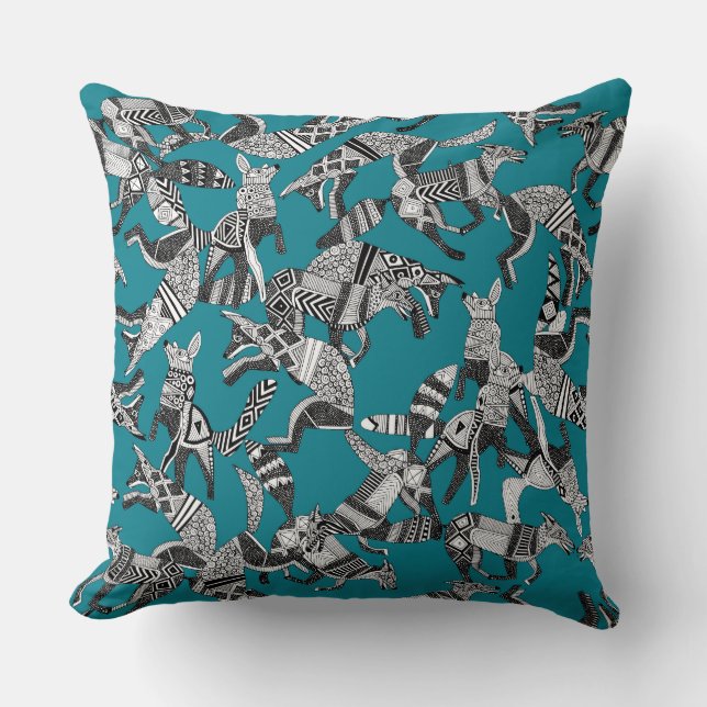 woodland fox party teal blue throw pillow (Front)