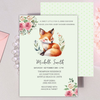 Woodland Fox Pink Floral Baby Shower   Invitation