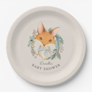 Woodland Fox Portrait Baby Shower for Boy Paper Plate