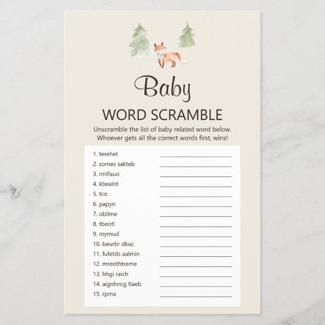 Woodland Fox Shower UK Baby Word Scramble Game Flyer (Front)