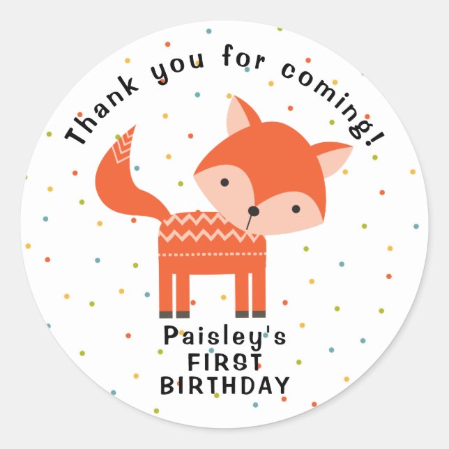 Woodland fox thank you for coming favour classic round sticker (Front)