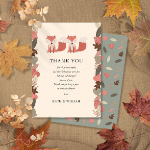 Woodland Fox Twins Baby Shower Thank You Poem Card