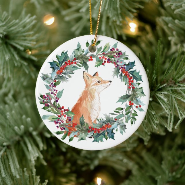 Woodland Fox Watercolor Christmas Ceramic Ornament (Tree)
