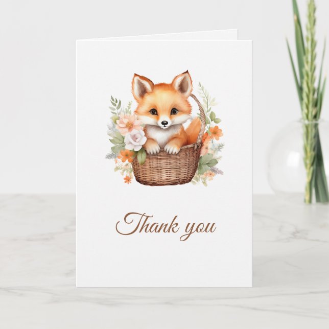 Woodland Fox Watercolor Florals Folded Thank You Card (Front)