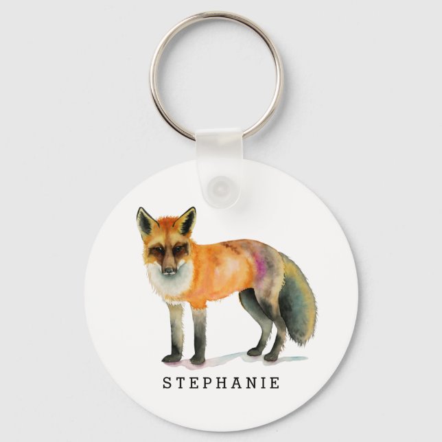 Woodland Fox Watercolor Personalized Keychain (Front)