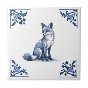 Woodland Fox with Delft Blue and White Corners Tile