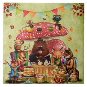 Woodland Friends at Teatime in Forest Tile