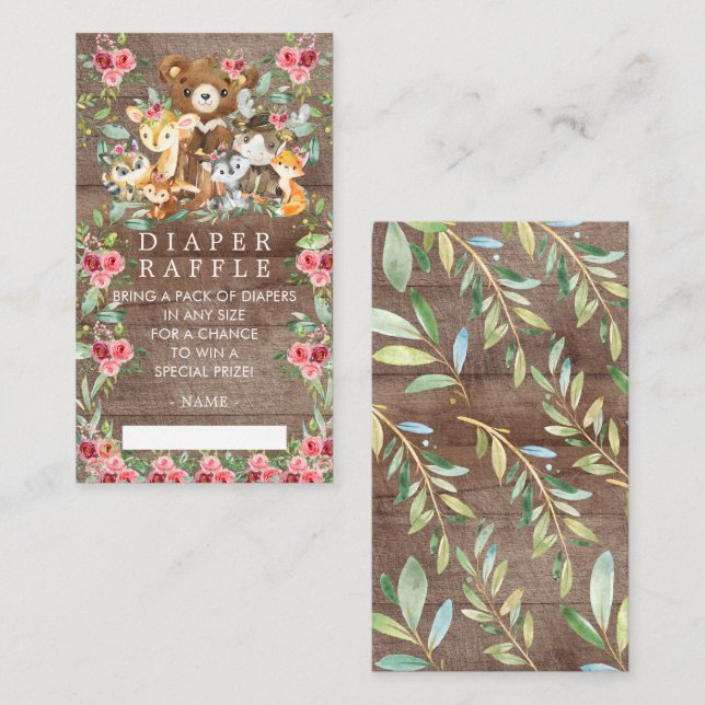 Woodland Friends Baby Shower Diaper Raffle Ticket Enclosure Card (Front/Back)