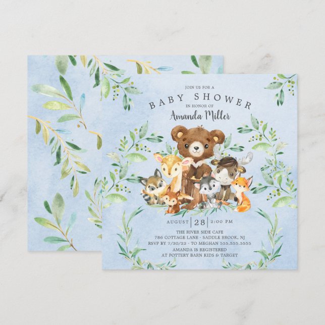 Woodland Friends Boys Baby shower Invitation (Devant / Derrière)
