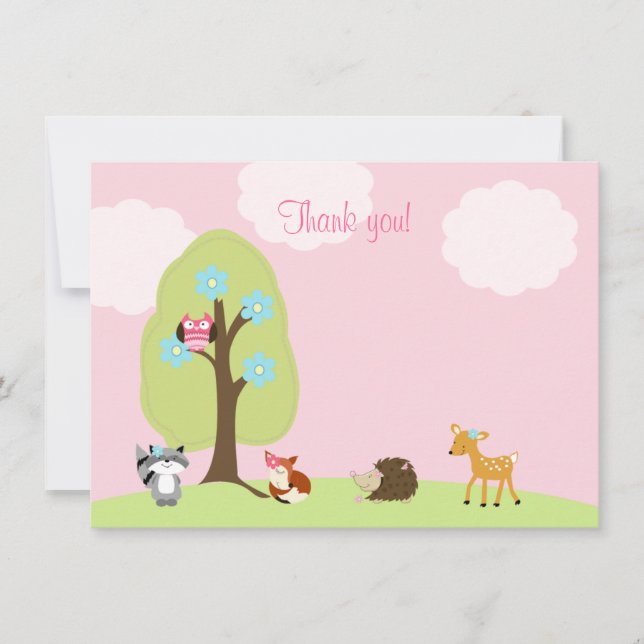 Woodland Friends Flat Thank you Note (Pink) Card (Front)