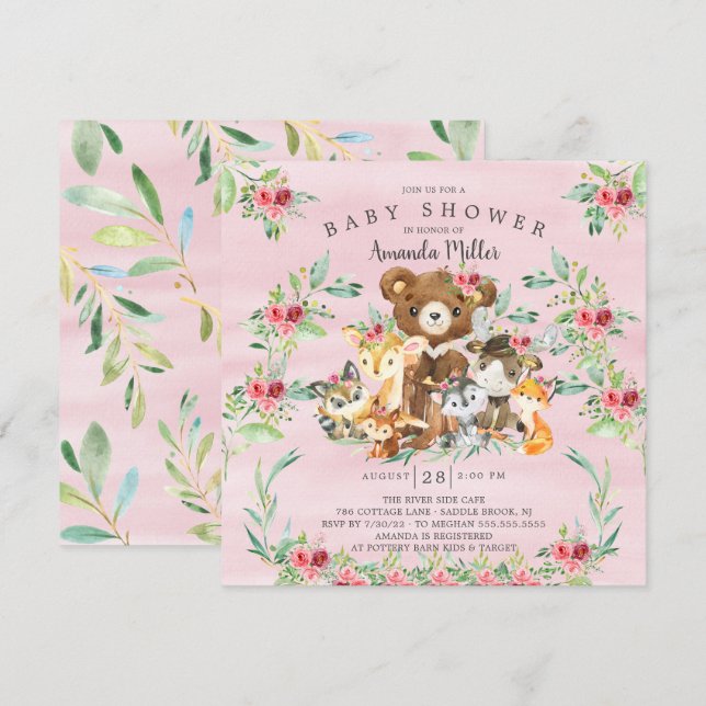 Woodland Friends Girls Baby shower Invitation (Devant / Derrière)