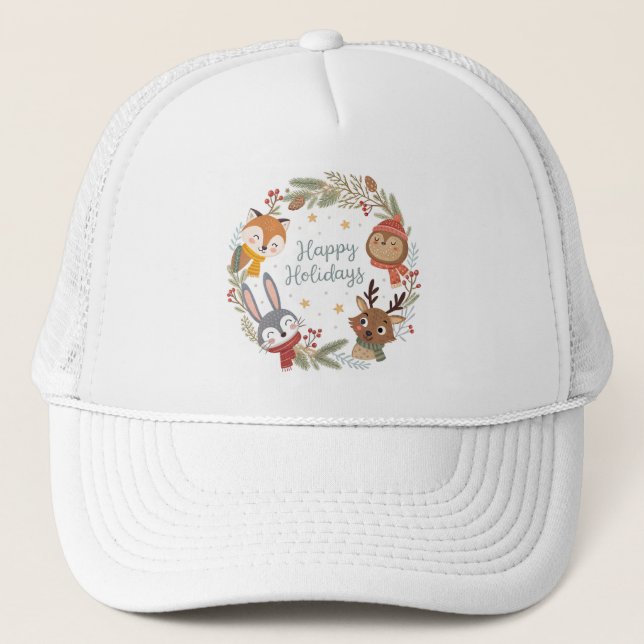 Woodland Friends Happy Holidays Circle  Trucker Hat (Front)