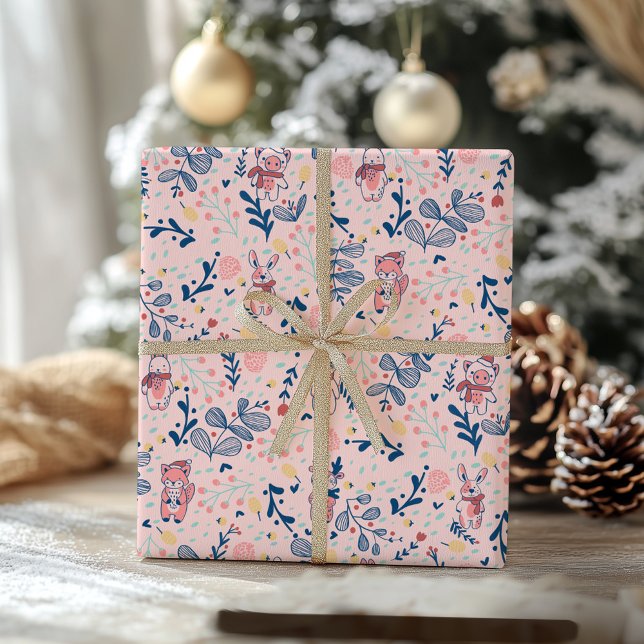 Woodland Friends in Blush Cozy Winter Forest  Wrapping Paper (Creator Uploaded)