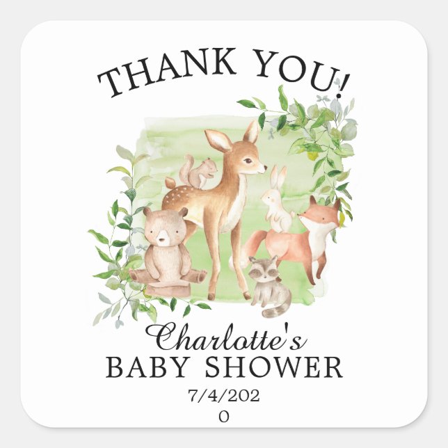 Woodland Friends Neutral Baby Shower Square Sticker (Front)
