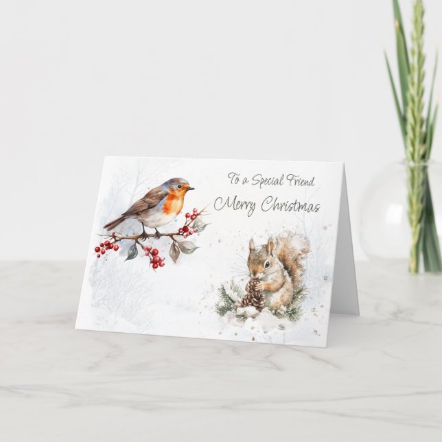 Woodland Friends Robin Squirrel Christmas Card (Front)