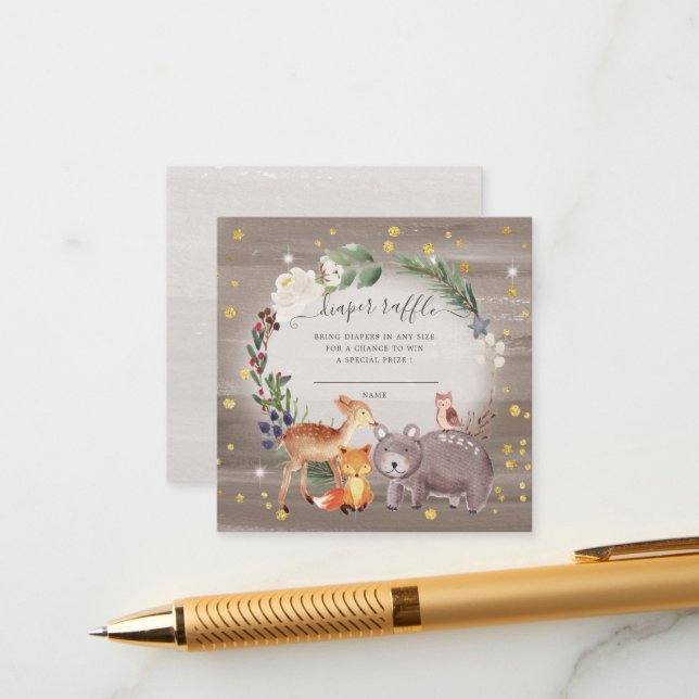 Woodland Friends Sparkle Diaper Raffle Ticket Enclosure Card (Front/Back In Situ)