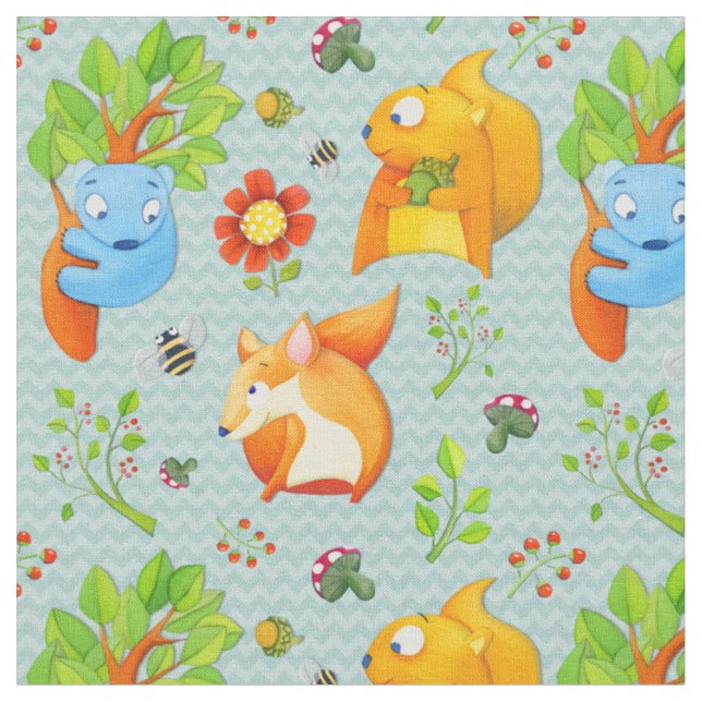 Woodland Fun aqua Fabric (Close Up)