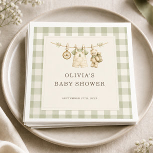 Woodland Gingham Sage Green Baby Shower  Napkin