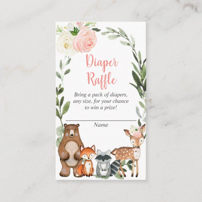 Woodland girl baby shower diaper raffle cards (Front)