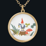 Woodland Gnome Gold Plated Necklace<br><div class="desc">Whimsical green and red woodland themed illustration designed by Shelby Allison featuring a tiny gnome character, mushrooms, flowers and foliage.</div>
