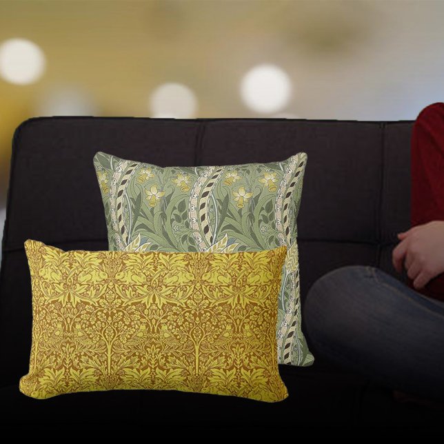 Woodland Gold Bird Rabbit William Morris Pattern Lumbar Pillow (Creator Uploaded)