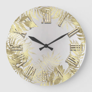 Woodland Golden Fern Foils Grey Roman Number Large Clock