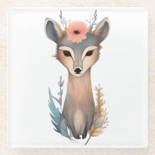 Woodland Grace: Floral Crowned Deer Glass Coaster