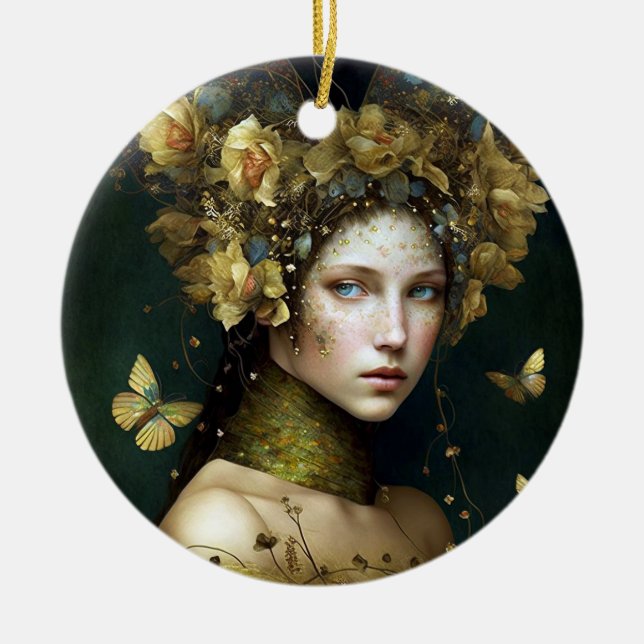 Woodland Green Fairy Fantasy Art Ceramic Ornament (Front)