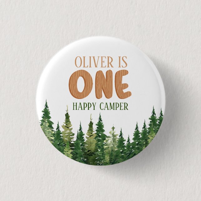 Woodland Green Happy Camper First Birthday 1 Inch Round Button (Front)