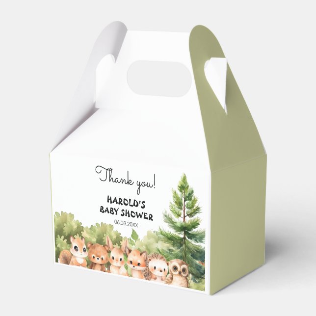 Woodland Green Sage Animals Baby Shower Favor Box (Front Side)