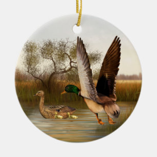 Woodland Green Wing Ducks Ceramic Ornament