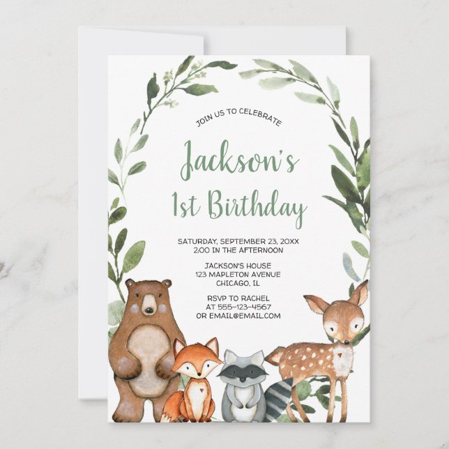Woodland greenery animals boys 1st birthday party invitation (Front)