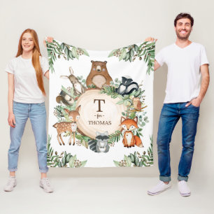 Woodland Greenery Animals Custom Monogram Name Fleece Blanket