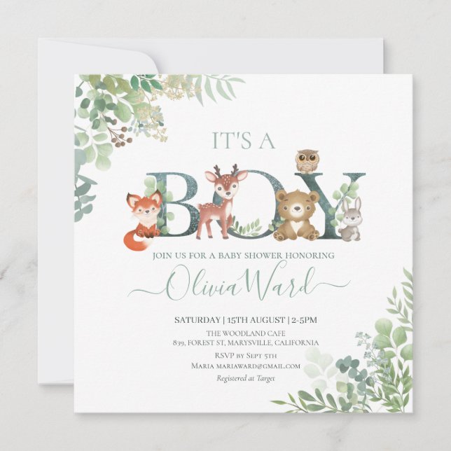 Woodland Greenery Baby Shower Boy Invitation (Front)