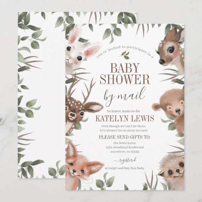 Woodland Greenery Baby Shower by Mail Invitation (Front/Back)