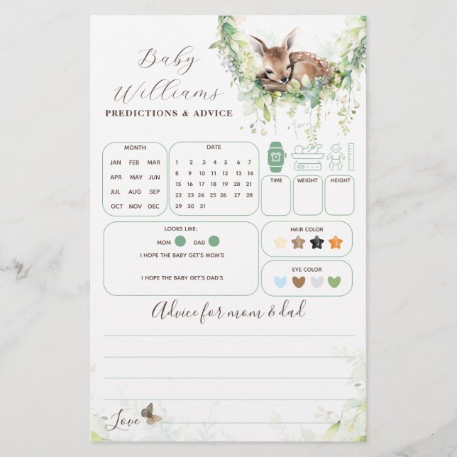 Woodland Greenery Baby Shower Predictions Game (Front)