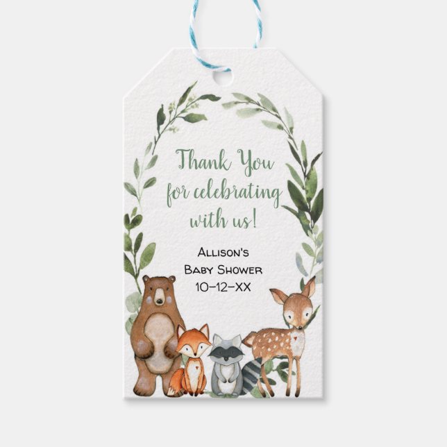 Woodland greenery cute animals baby shower gift tags (Front)
